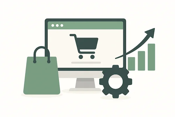 ecommerce-seo Illustration eines E-Commerce-Bildschirms mit Einkaufswagensymbol, Einkaufstasche, Zahnradsymbol und einer aufsteigenden Wachstumsgrafik als Darstellung von Online-Shop-Optimierung und Umsatzsteigerung.