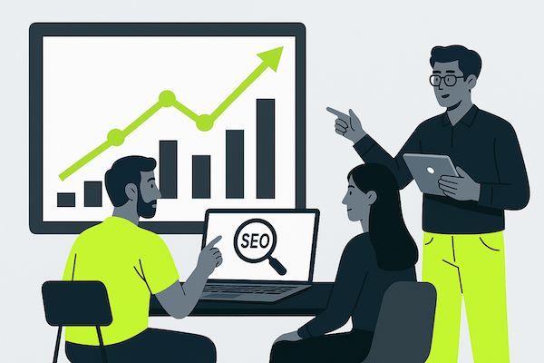 Team bei einer Besprechung zur monatlichen SEO-Betreuung, mit Laptop und Diagramm mit steigender Wachstumskurve auf dem Bildschirm.