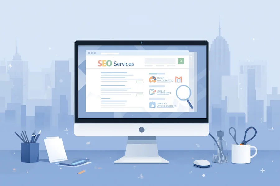 seo-services Illustration eines Desktop-Computers mit geöffneter Webseite zu SEO-Services, umgeben von Büroartikeln.